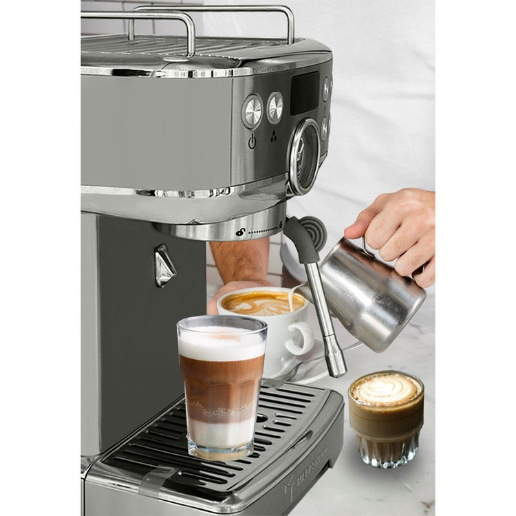 اسپرسو ساز نیمهصنعتی 1.8 لیتری مباشی مدل ECM 2110، نیمه اتوماتیک با مصرف پودر قهوه، مناسب تهیه اسپرسو، کافه لاته، موکا و کاپوچینو، دارای یک عدد نازل قهوه، حالت آماده به کار و سیستم گرم کردن فنجان